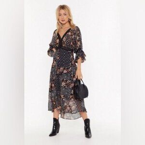 Nasty Gal Black Floral & Polka Dot Maxi Dress – Size 40 – Boho Lace Trim